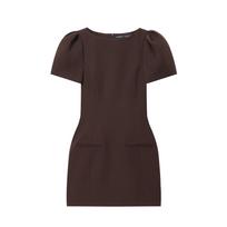 European Spring Women's Black Pleated Pocket Dress, Short Sleeve (21105). Extra Small