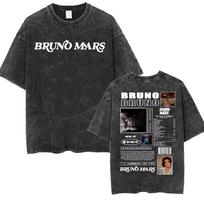 Bruno Mars „The Romantic Tour 2026“ Portretas ir parašas Vintažinis išplautas dvipusis didelio dydžio juodas marškinėlis | Popmuzikos gerbėjų turo atributika M black