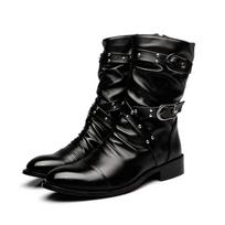 Mens Classic Retro Black Leather Punk Rock Style Rivet Buckle Strap Motorcycle Boots Autumn Winter High Quality 43 black