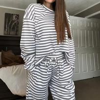 Women'S Spring Autumn Striped Pajama Set, Double-Pocket Long Pants, Decorative Drawstring Design, Contrast Round Neck M white