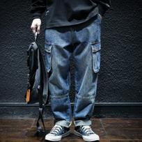 Men's Cargo Jeans Washed Denim Multi Pocket Knee Seam Loose Fit Cuffed Hem Streetwear Pants 31 black