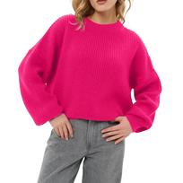 Women's Loose Color Short Round Neck Pullover Long Sleeve Knit M red
