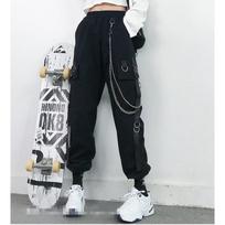 Women Cargo Pants Chain Decor Multi Pockets Women Pants Loose Deep Crotch Straight Soft Hip Hop Streetwear Long Trousers XS white