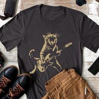 Rock Cat Playing Guitar Cotton Shirt Funny Guitar Cat Tee Harajuku Graphic T Shirts Vintage T M black