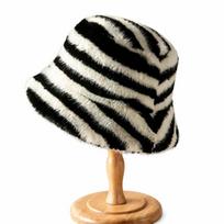 Faux Fur Winter Bucket Hat Zebra Pattern Bonnet Cap Warm Basin Hat gray