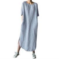 Cotton Linen Loose Fit Casual Dress With Pockets For Office Wear 2024 Autumn LightBlue,3XL gray