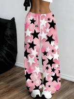 Women's star print wide leg pants with pockets, perfect for party wear, casual wear and sports events 5XL pink