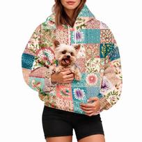 Women's Fashion Patchwork Print Hoodie with Pet Pocket for Casual Wear and Everyday Outfits L beige