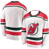 New Jersey Devils ledo ritulio marškinėliai Balti su raudonais/žaliais akcentais Klasikinis velnias „N“ Ikoniškas dryžuotas dizainas Sportiniai marškinėliai 3D spaudiniai Marškinėliai V formos iškirpte Marškinėliai L white