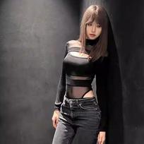 Mesh perspective onesie niche design nightclub hottie sexy semi-turtleneck T-shirt top women XL