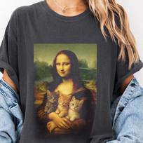 Mona Lisa Cat T-Shirt and kids tshirt, Funny Renaissance Art Parody Tee 130 brown