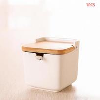 Simple Ceramic Seasoning Jar Bamboo Lid Spice Jar With Spoon Kitchen Sugar Salt Spices Storage Box Household Container A2