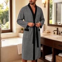 Men's Casual Long Bathrobe with Two Pockets and Tie Belt, Cloth Robe for Home and Hotel M black