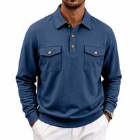 Men S Long Sleeve Polo Casual Multi Pocket Sweatshirt S blue
