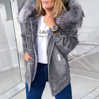 Moterų žiemos šilta pūkuota apykaklė su gobtuvu džinsinė striukė Stora pliušinė šilta ilgomis rankovėmis džinsinė paltai su sagomis Oversized laisva striukė S pilka