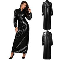 Women Rave Clubwear Glossy Vinyl Sleep Dress Stand Collar Button Front Long Sleeve Waterproof Cover Up for Swim Pool Party M juoda