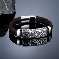Vintažiniai Vikingų Pintos Odos Apyrankės Vyrams Nerūdijančio Plieno Norvegų Runos Keltų Mazgas Vegvisir Rankų Darbo Apyrankės Islandiški Papuošalai 19cm black