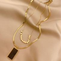 Gold Plated Stainless Steel Two Layer Herringbone Square Pendant Necklace juoda