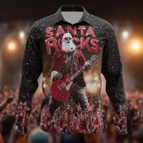 Christmas Men's Santa Claus Rock Guitar Shirt Button Up Shirt Long Sleeve Funny Christmas Gifts Spring 3D Print Collared Shirts 2XL gray