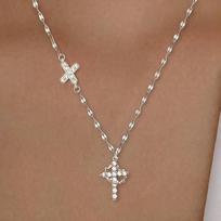 Rotating Crown Cross Necklace with 26 Letter Diamond and Silver Plated Copper Clavicle Chain brown