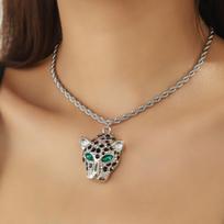 Shiny Leopard Cheetah Rhinestone Inlaid Pendant, Punk Creative Leopard Head Necklace brown
