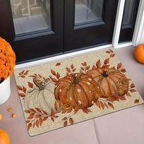 A Halloween-Themed Welcome Mat Featuring Pumpkin And Autumn Leaf Designs, with a Sponge Thickness of 1.19 cm And a Weight of 600 Grams Per Square Mete 40X60CM brown
