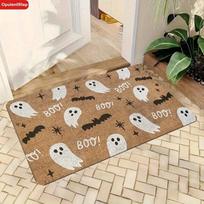 VIKAMA Retro Halloween White Ghost Black Bat Coir Doormat Spooky Holiday Outdoor Entryway Decor Mat Home Decor 40X60CM beige