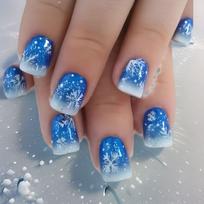 24Pcs Christmas Press On Nails Blue White Snowflake French Tip Glitter Almond Shape Glossy Fake Nails For Party blue