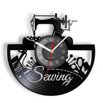 Sewing Art Wall Clock Sewing Machine Cross Needle Vinyl Record Wall Clock Tailor Fashion Store Craft Room Decoration Wall Watch gray