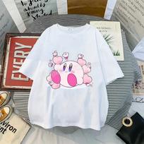 Kirby Shirt Summer O-neck Round T-shirt Cotton Short-Sleeve Tops Solid Color Adult Printed Anime White Tshirt Collar Couple Tees 140 white