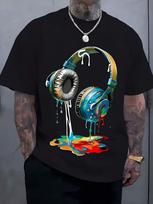 Men's Streetwear Graphic-Shirt - Vibrant Headphones And Paint Splatter Print, Breathable Fabric 4XL black