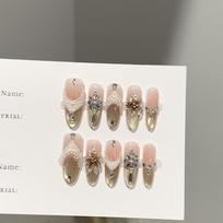1PC Gold Cat-Eye Press-On Nails – Handcrafted, High-End Style with Sparkling Rhinestone Accents L gray