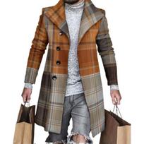 Lapel Long Sleeves Pockets Single-breasted Men Windbreaker Autumn Winter Mid-Length Plaid Patchwork 2XL