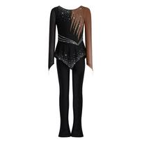 Girls Mesh Long Sleeve Jumpsuit Finger Holes Color Block Rhinestones Asymmetrical Peplum Figure Skating Costume 5-6 Years black