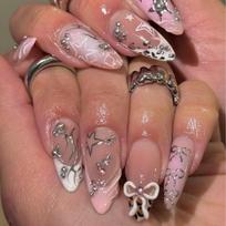 French pink sweet cool wearing nail cross-border hot-selling 3D three-dimensional bow nail art fake nail almond nail piece brown