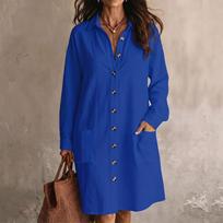 Women's Long Sleeve Collared Shirt Dress with Pockets Color Loose Fit Casual Everyday Wear XL blue