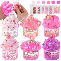 Festive 6Pcs Pink Cloud Slime Playset, Soft Elastic Slime Kit, Cute Relaxation Toy for Holiday Party Favors  Gift Presents pink