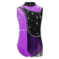 Mergaičių gimnastikos triko spalvų blokų, aukštu kaklu, be rankovių, su rakinama nugara, blizgančiais cirkoniais, kutais, bodis 15-16 Years purple