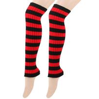 Womens Ribbed Knitted Stripe Leg Warmers Thigh High Stockings Leg Sleeves for Dance Parties Outfits and Winter Warmth black