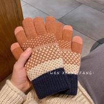 Retro Warm Student Touch Screen Five Finger Gloves for Women in Autumn and Winter Plus Velvet and Thickening  Cute Bicycling Couple's Fingers one size brown