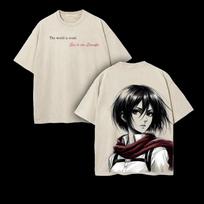 Mikasa Ackerman Print T-shirt Anime Attack On Titan Clothing Men Women Cotton Tshirts Retro Washed T Shirt Harajuku Male Tops S smėlis