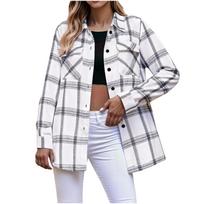 Women's Fashion Long-Sleeve Button-Down Plaid Shirt With Pockets S