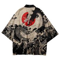 Mens Plus Size Vintage Japanese Kimono Coat Anime Dragon Print Style Polyester Cardigan Unisex Yukata Haori Traditional Kimono XXXL gray