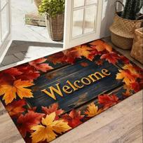 Autumn Maple Leaf Welcome Door Mat Country Style Thanksgiving and Halloween Flannel Comfortable Breathable Home Decoration Rug 40X60CM black