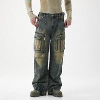 American High Street Retro Work Style Multi-pocket Wide-leg Jeans for Men Loose Straight 38