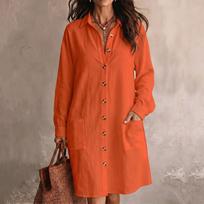 Women's Long Sleeve Collared Shirt Dress with Pockets Color Loose Fit Casual Everyday Wear M red
