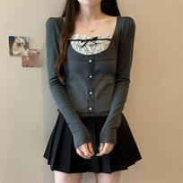 Square-neck Sweet and Spicy Polka Dot Splicing Fake Two-piece Long-sleeved T-shirt French Design Niche Button Lace Top XL gray
