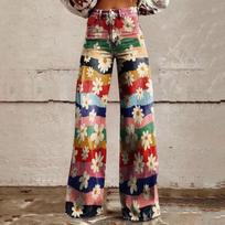 Wide Leg Flare Jeans For Women With Pockets Baggy Pants Vintage Floral Print High Waisted Loose Pant XXXL black