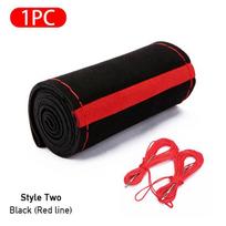 Hand Sewn Suede Car Steering Wheel Cover, Anti-Slip Breathable Steering Wrap with Needle Thread, Universal 15 Inch, Black Red Black red gray