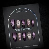 Purple cat-eye almond press-on nails; handcrafted, ready-to-wear set featuring Western-style 3D sculpted floral designs. S